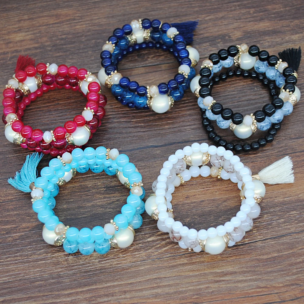 Богемский многожильный браслет Смола Имитация Жемчужный из бисера кисточкой