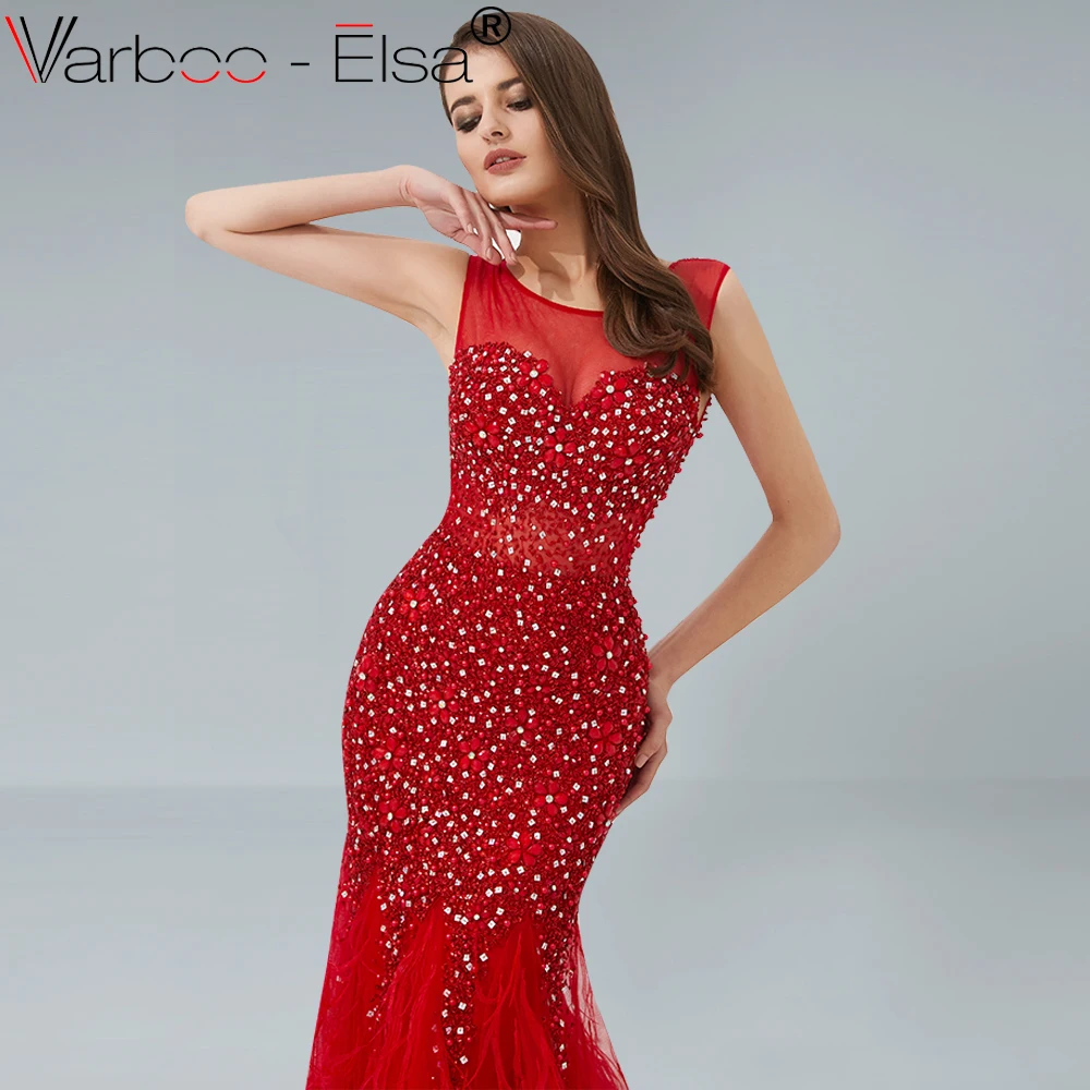 Женское вечернее платье VARBOO_ELSA Красное длинное с открытой спиной и кристаллами