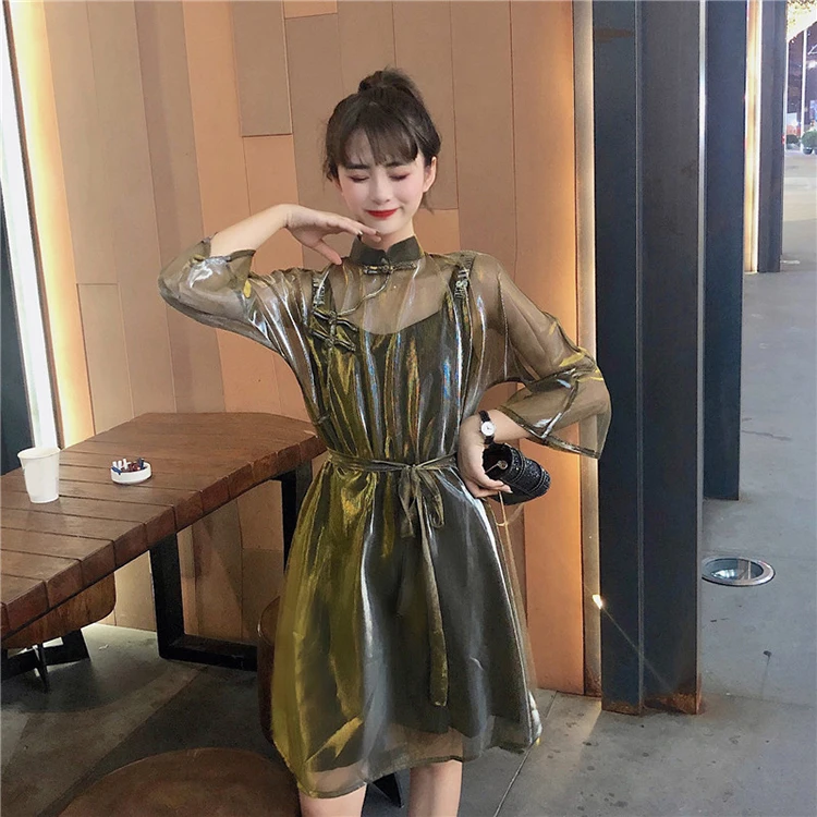 Новинка Харадзюку лазерное китайское стильное прозрачное Сетчатое платье