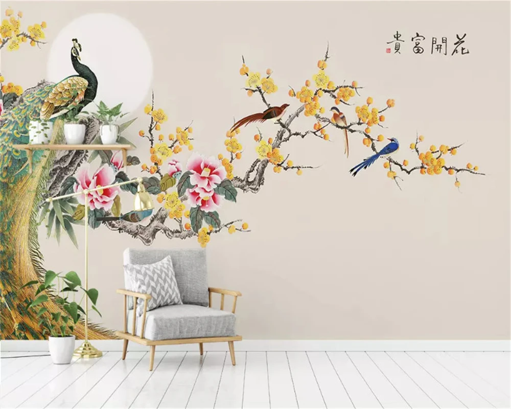 

beibehang Customized eco-friendly papel de parede wallpaper Magnolia hand-painted flowers and birds plum background papier peint