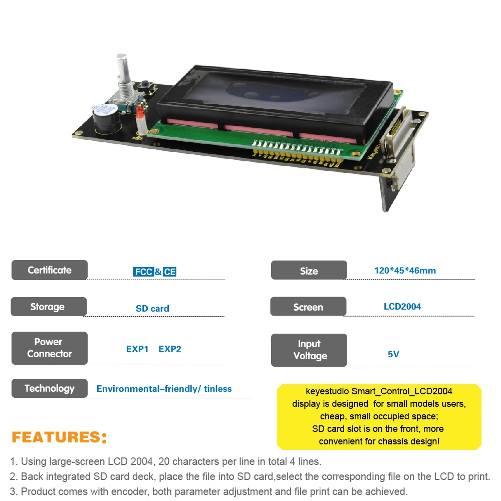 Keyestudio LCD2004 дисплей 3D модуль со слотом для sd карты + кабель 30 см Arduino /