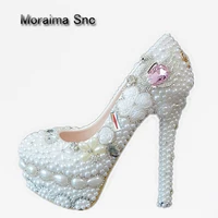 moraima snc brand plus size pumps rhinestone swan crystal wedding shoes white pearl high heels pumps platform shoes salto alto