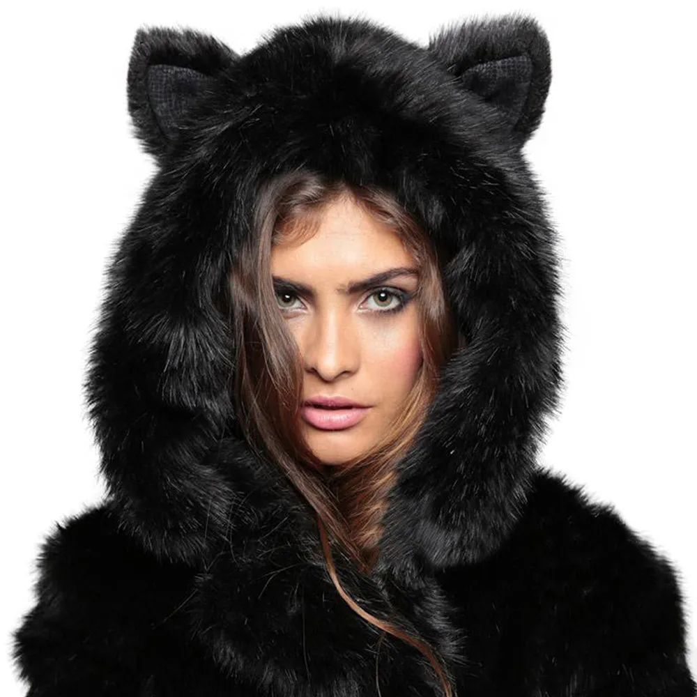 

Winter Women Long Sleeve Faux Fur Jacket Hooded With Bear Ear Cute Warm Thick Coat Outerwear Overcoat Parka Plus Size 2X Q1778