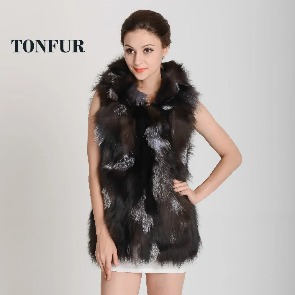 Новое поступление 2019 женский жилет из натурального Лисьего меха с капюшоном