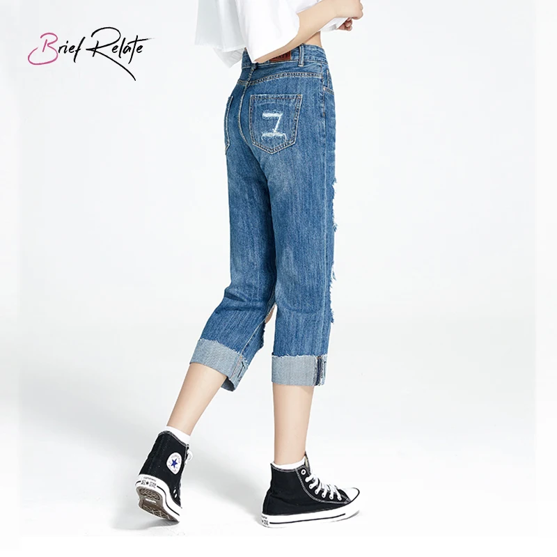 Короткие джинсы женские шикарные широкие брюки девять длины средней талии