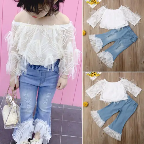 1-6Years 2Pcs Toddler Kid Baby Girl Summer White Lace T Shirt Tops Bell Bottom Pant Jeans Trouser Children Clothes | Детская одежда и