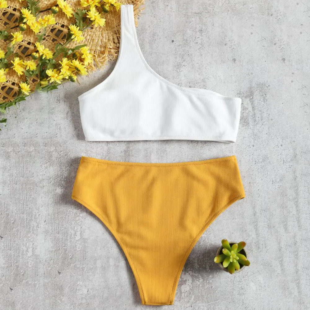 2019 Sexy High Waist Single Pit Cloth Solid Prtchwork Open Back Swimsuit Bikini Set Swimwear Women Bathing Suit Maillot | Женская одежда