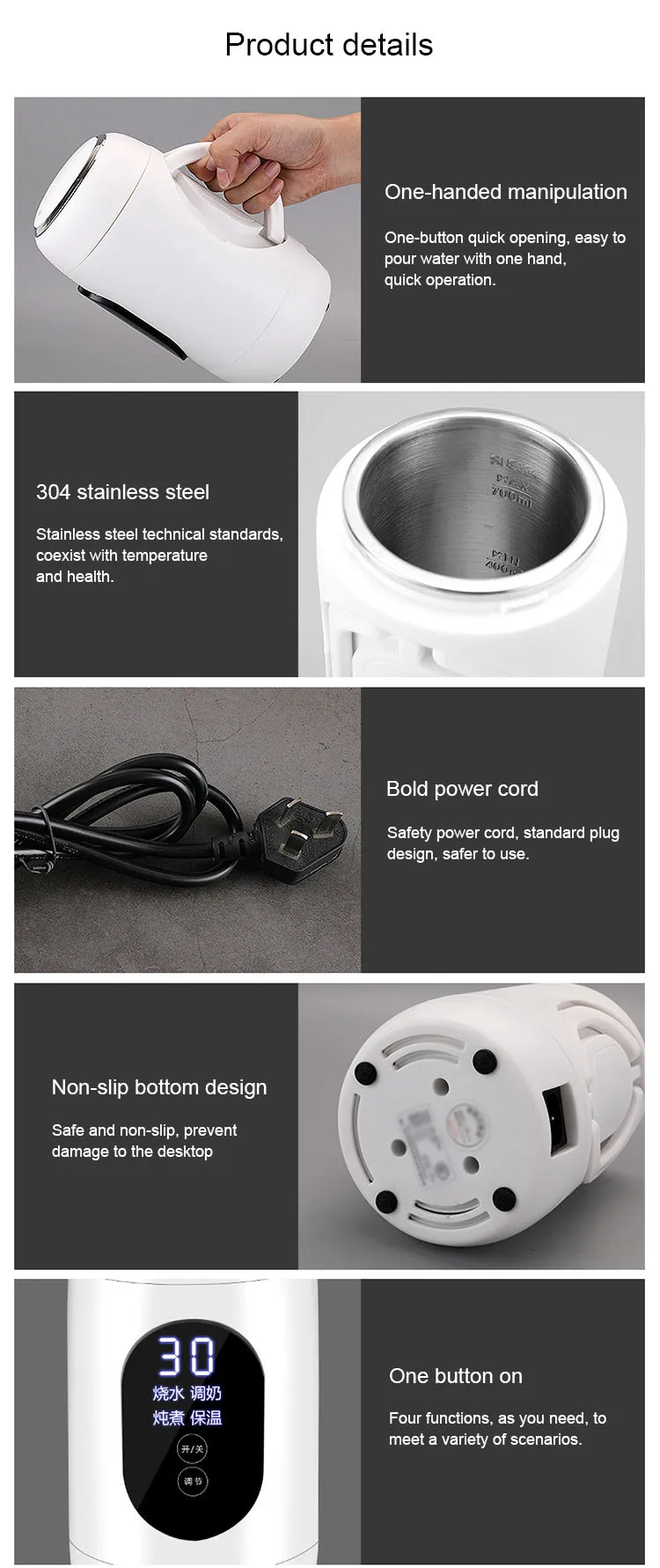 DMWD Stainless Steel Electric Kettle Hot Water Heating Boiler Pot Travel Noodle Soup Stew Cooker Teapot Milk Heater Rice Steamer