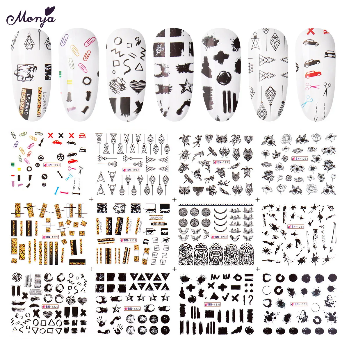 Monja 3 листа/набор переводные наклейки для ногтей Водные Наклейки животные цветы