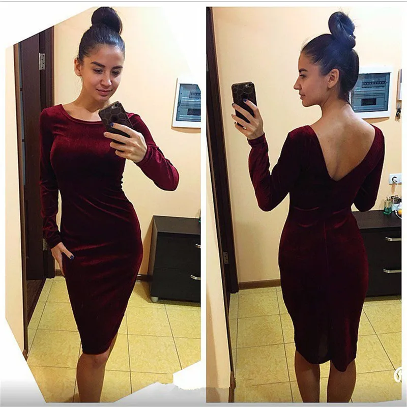 ELSVIOS женское облегающее бархатное платье сексуальное с открытой спиной до колена осеннее круглым вырезом и