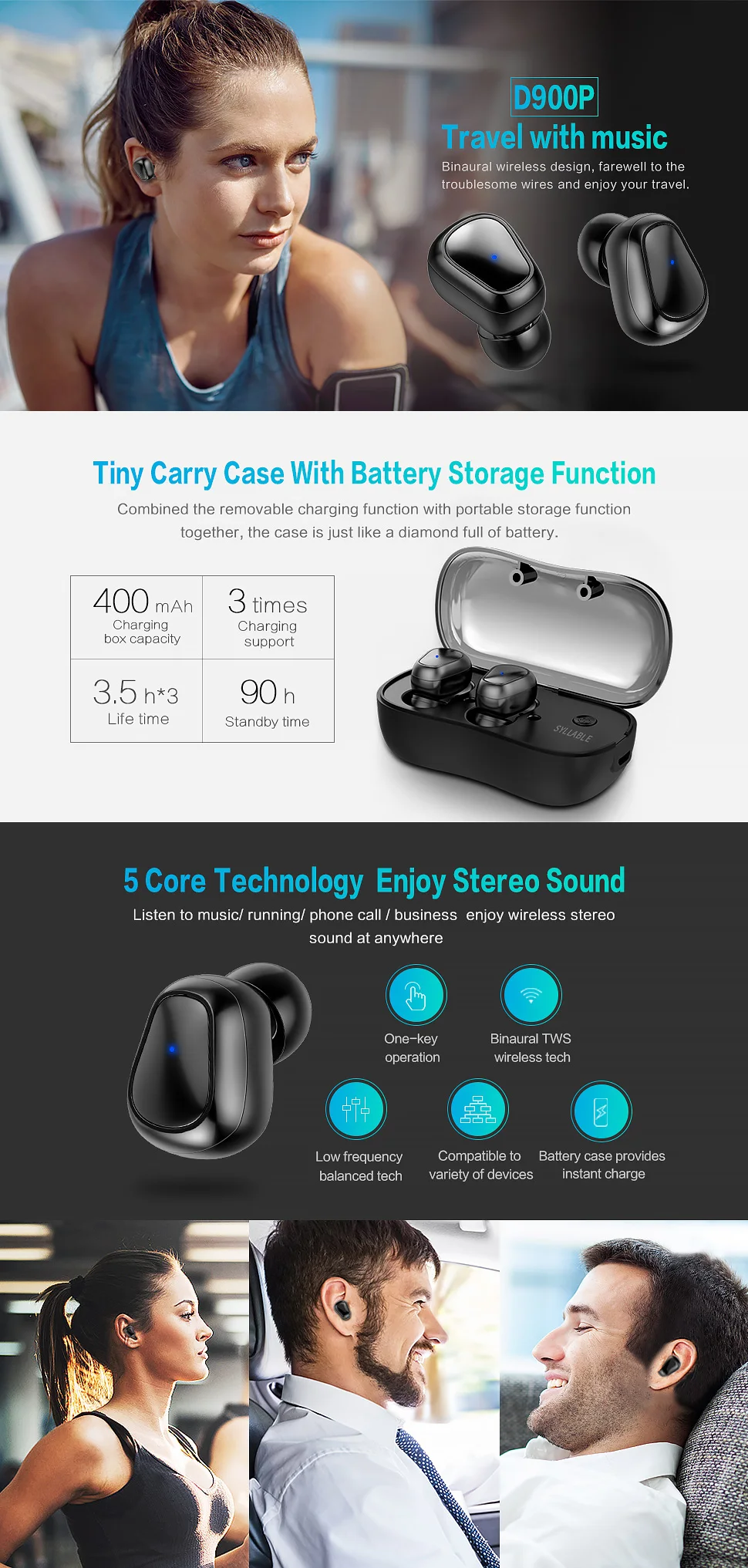 Слог D900P Bluetooth V5.0 TWS наушники настоящие беспроводные стерео D900P спортивные наушники 400 мАч с микрофоном для смартфонов
