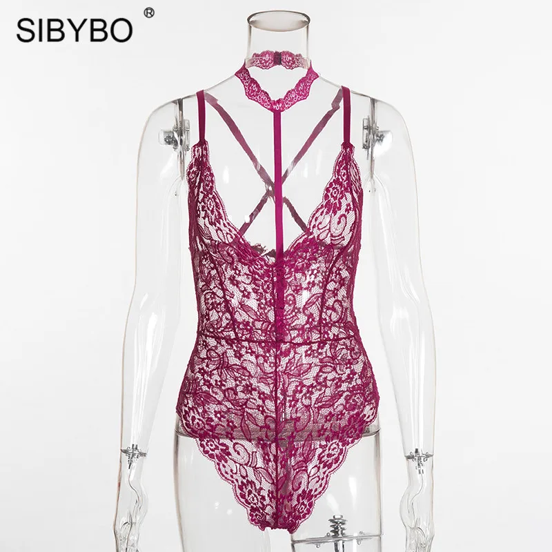 Red Sibybo, черный кружевной осенний женский боди с лямкой через шею,, прозрачный летний пляжный костюм, сетчатый сексуальный Облегающий комбинезон, комбинезоны, боди - Цвет: Red