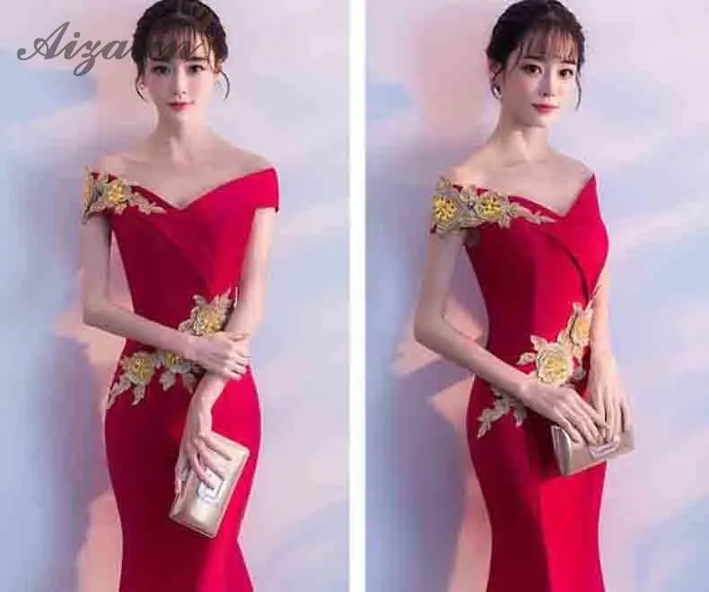Модное платье без бретелек с вышивкой Cheongsam Красное длинное платье с хвостом русалки для Женщин Китайское свадебное платье халат Qi Pao хлопок