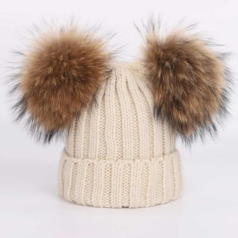 Beige2 Комплект из 2 предметов, детский вязаный шарф и шапка, зимний теплый вязанный головной убор и шарфы с настоящим мехом, шапка с помпоном для мальчиков и девочек - Цвет: Beige2
