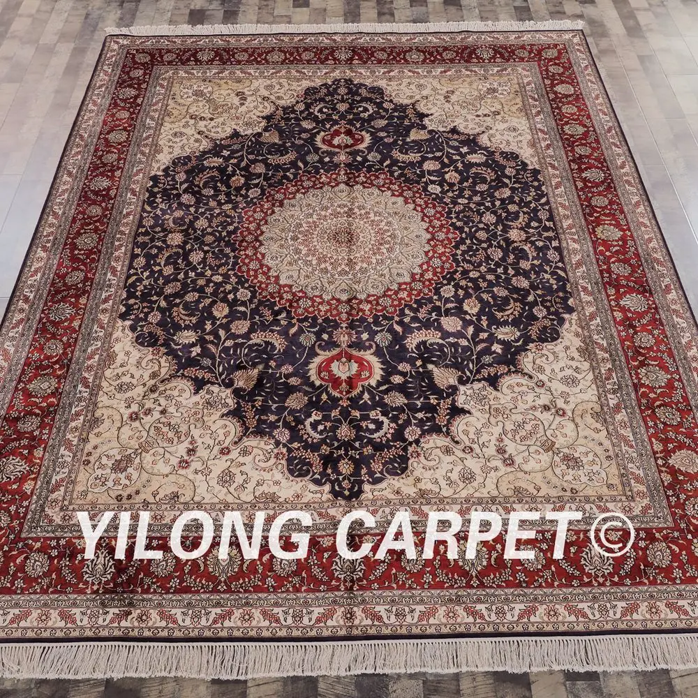Beste Yilong 9'x12 'Antieke Tabriz Zijde Kleed Grote Donkerblauw Vantage Turkije Handgemaakte Zijden Tapijt (LH08B9x12)