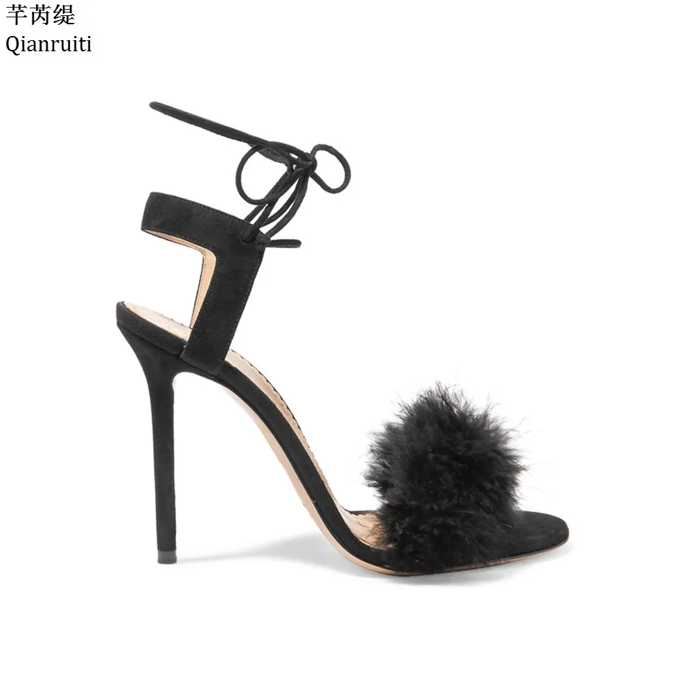 Qianruiti лето искусственный мех на шнуровке Slingback Женские туфли-лодочки в стиле Ким