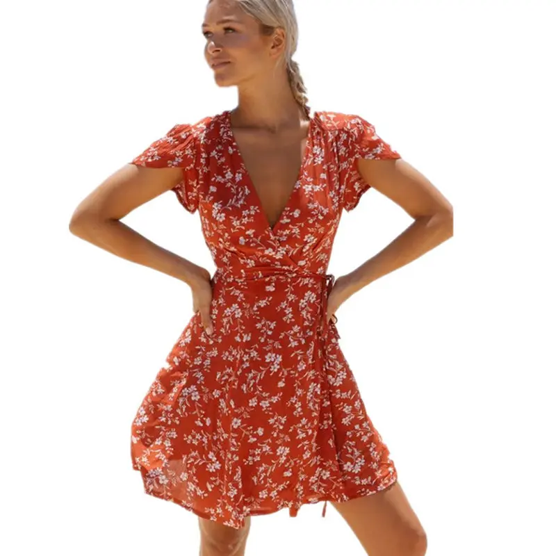 Летние женские платья с коротким рукавом цветочным принтом v образным вырезом