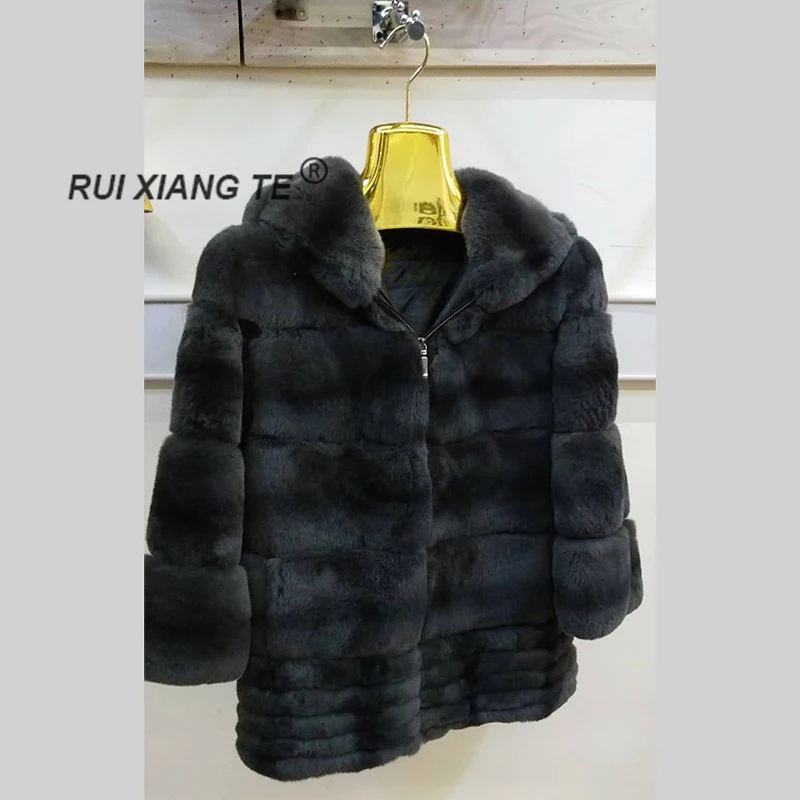 Женская Шуба с капюшоном ruixiangte Роскошная из меха кролика Рекс меховая Шиншилла