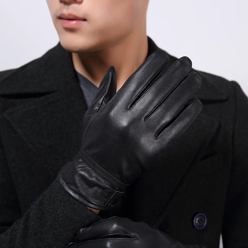 Мужские перчатки из натуральной козьей кожи зимние черные для вождения модные