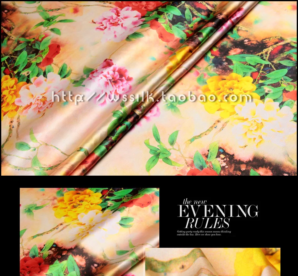 

Heavy digital printing cloth silk fabric silk stretch satin clothing material fantasy Peony