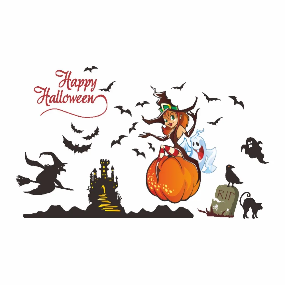 Happy Halloween Wall Stickers for Party Club Bar Living room Decor Removable Vinyl Lovely Witch Ghost Decals Art Murals dc5 | Дом и сад