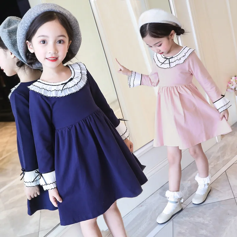 Girls Dress 2018 New Autumn Casual Long Sleeve bow Turn-down Collar Design kids dresses for children Clothes | Детская одежда и