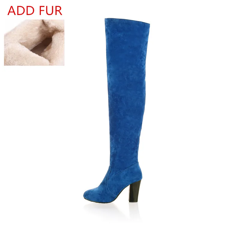 blue add fur MORAZORA/Большие размеры 34-45, г. Женские ботинки ботфорты на Высоком толстом каблуке осенне-зимние сапоги модные высокие сапоги до бедра - Цвет: blue add fur