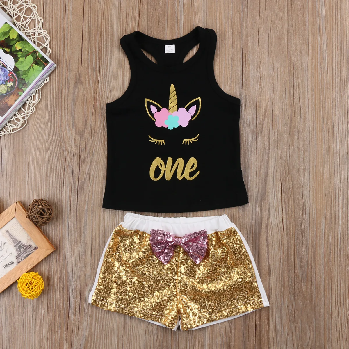2017 комплект из 2 предметов для маленьких девочек: футболка с блестками и шорты |