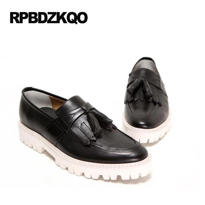 настоящая кожа черный криперы резиновая подошва люди кисточка мода коричневый