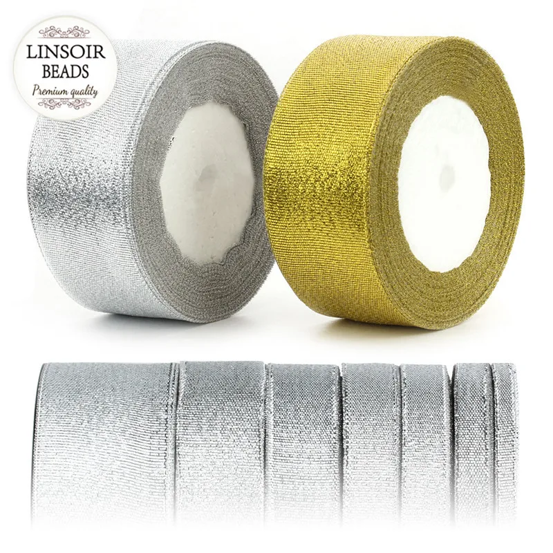 25 ярдов лента с золотым луком в подарочной упаковке серебристая блестящая