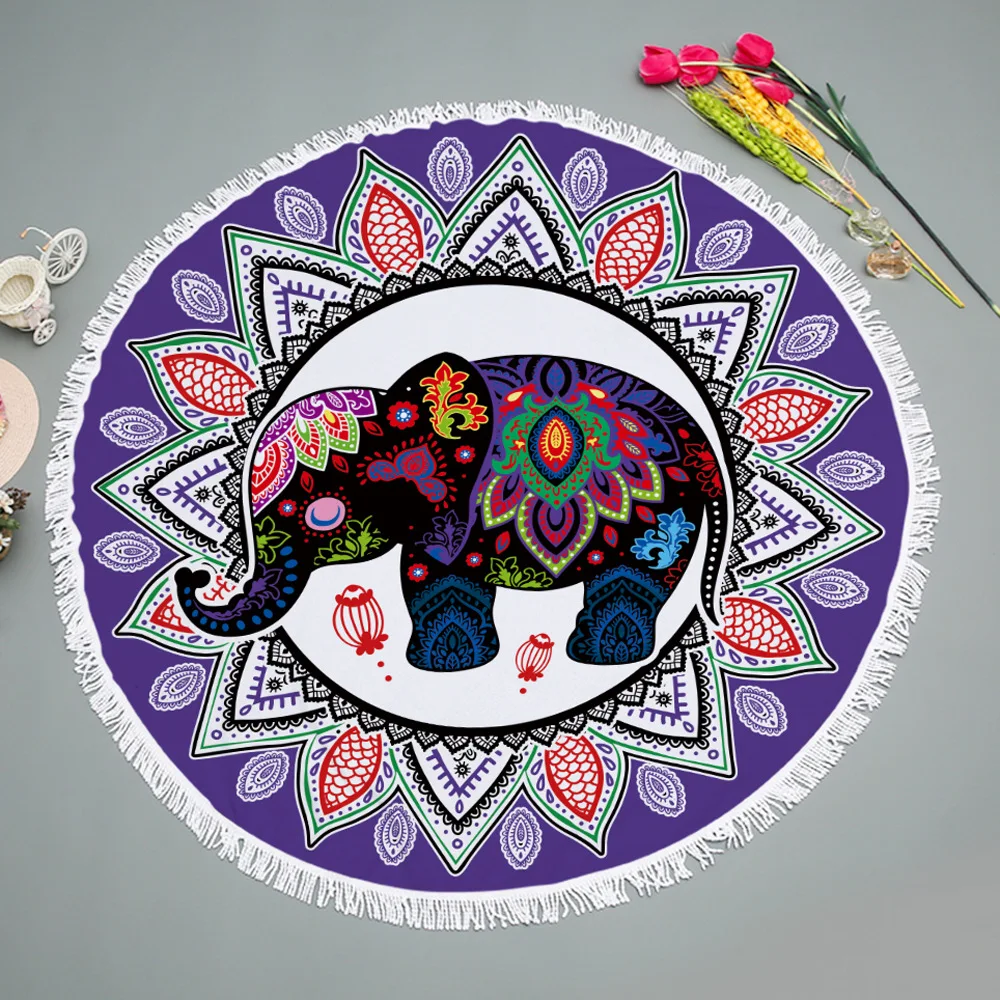 Colorful elephant Bohemia style national wind round beach towel microfiber picnic mat customizable | Дом и сад
