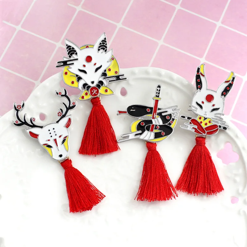 Fashion Chinese Style Harajuku God Beast Fox Rabbit Deer Snake Brooches Chinese Style Red Tassel Women Lapel Enamel Pin Jewelry images - 6