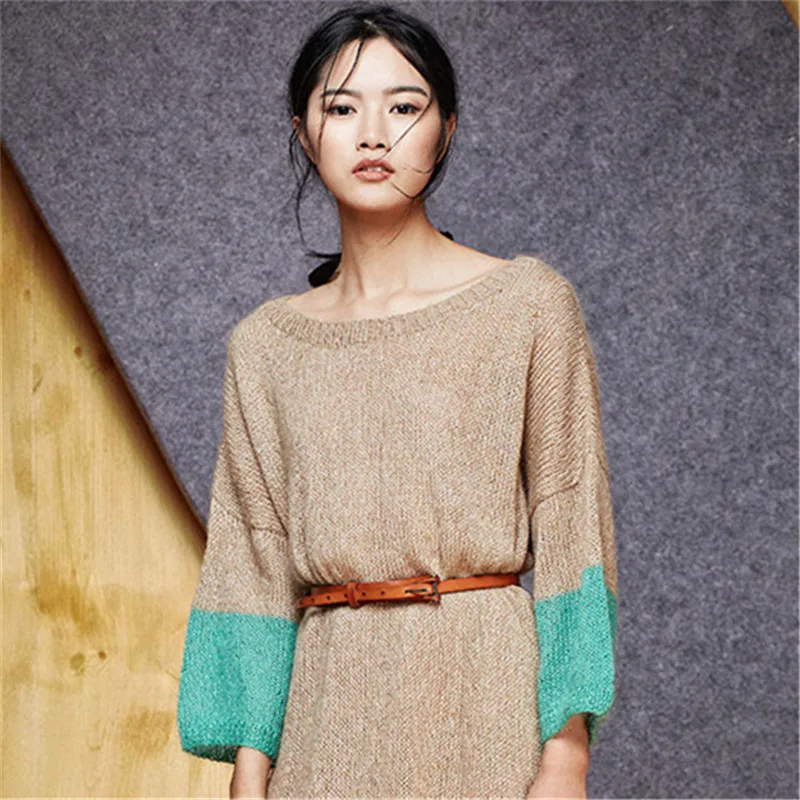 

100% hand made wool knit women low Oneck long dress sweater 3quarter patchwork sleeve retail wholesale customized