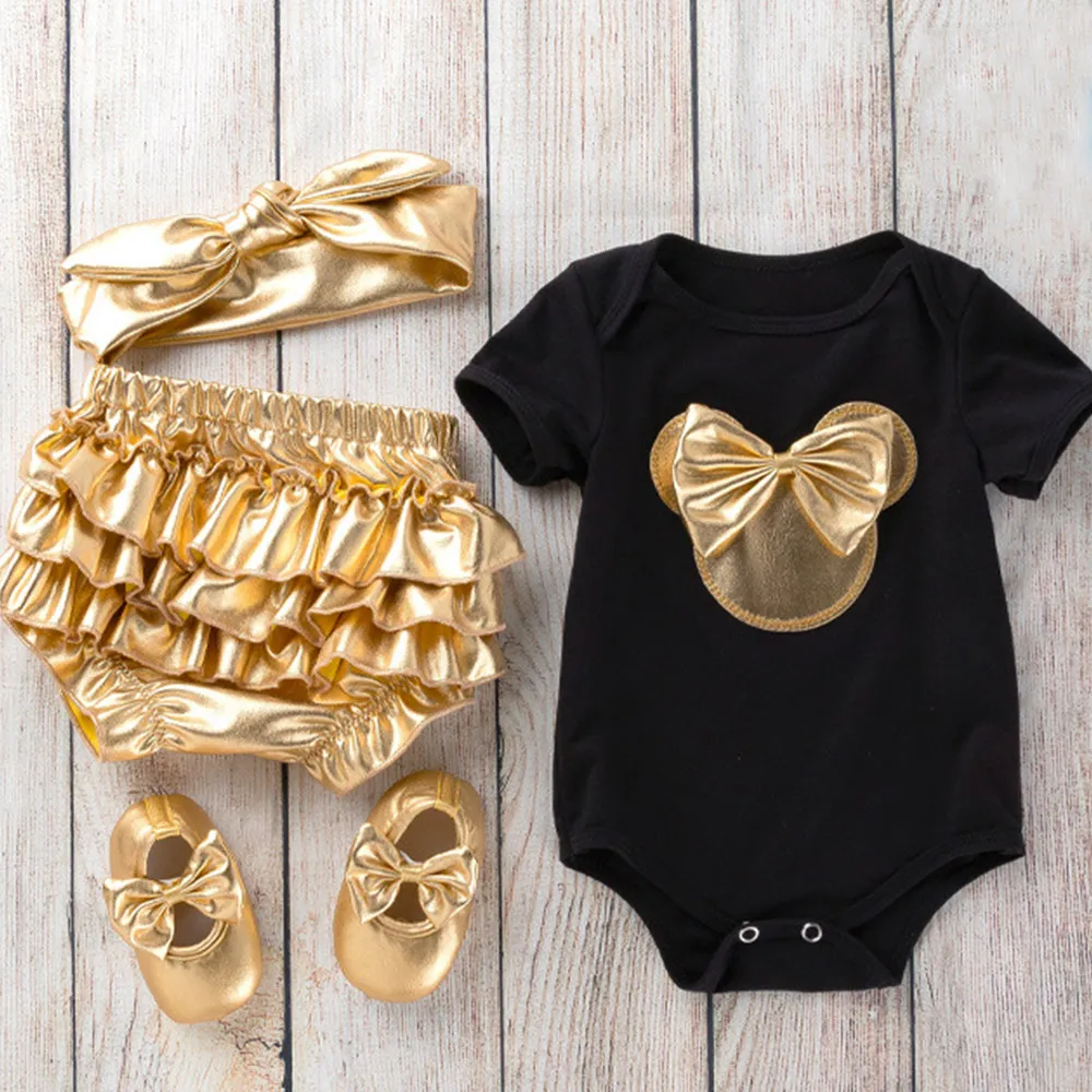 Одежда для новорожденных девочек комплект Короткие Черный комбинезон + золотые
