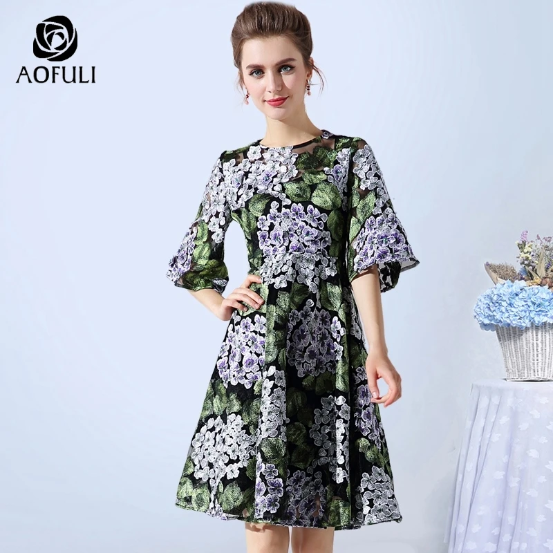 Size 4XL цветы вышитая бальное платье летнее средней длины с расклешенными рукавами