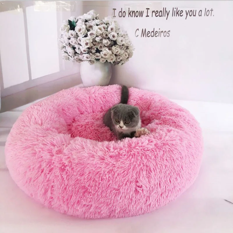 Pink Супер мягкая круглая кровать для собаки моющаяся теплая собачья Конура длинные плюшевые домашние хлопчатобумажные коврики диван для чихуахуа - Цвет: Pink
