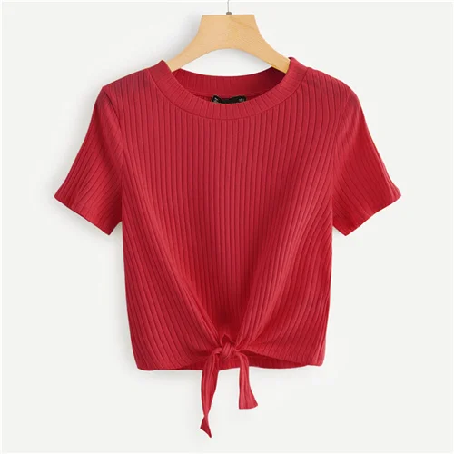Red SweatyRocks неоновая цветная футболка с узлом спереди, стильная модная эластичная футболка, летняя повседневная женская желтая футболка и топы - Цвет: Red