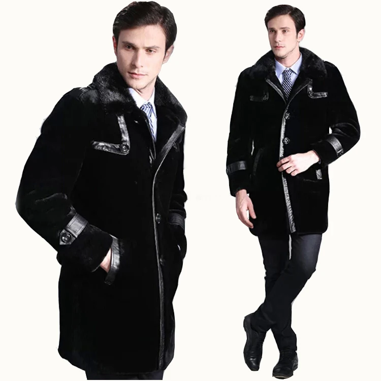 Шерстяное пальто из овчины Длинная шерстяная одежда черная куртка меха норки