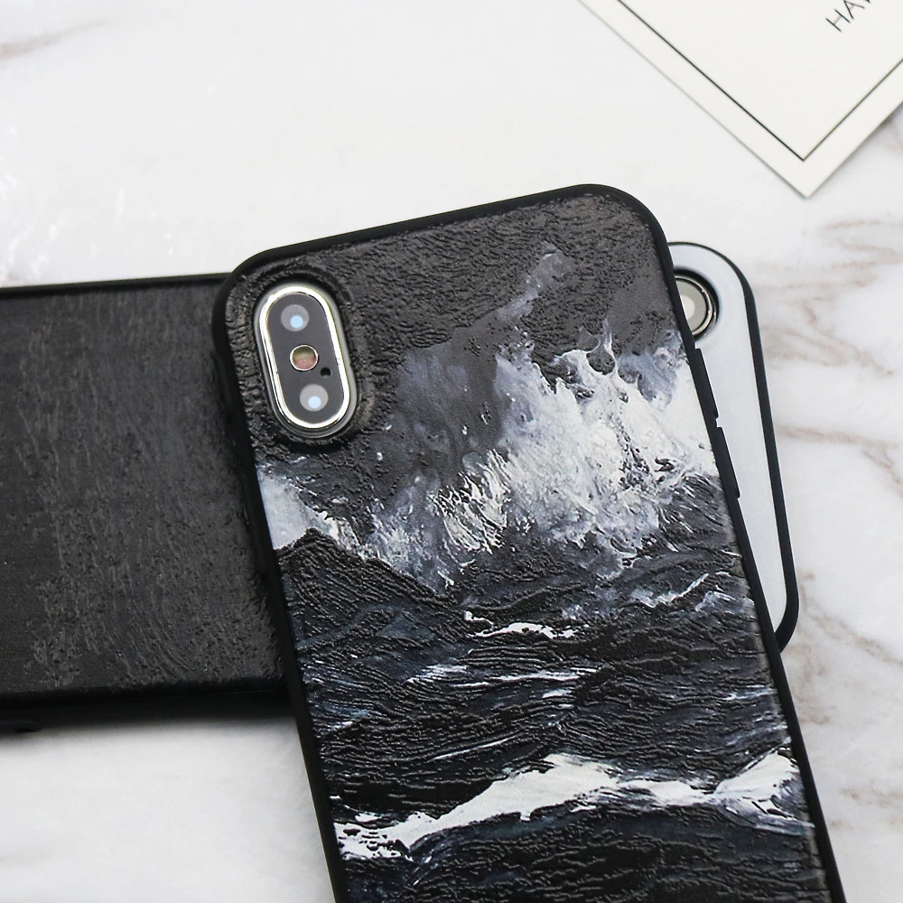 Fashion 3D Emboss Sea Waves Soft TPU Case For iPhone X Black White Relief Snow Mountain Painting Back Cover Anti-knock |
