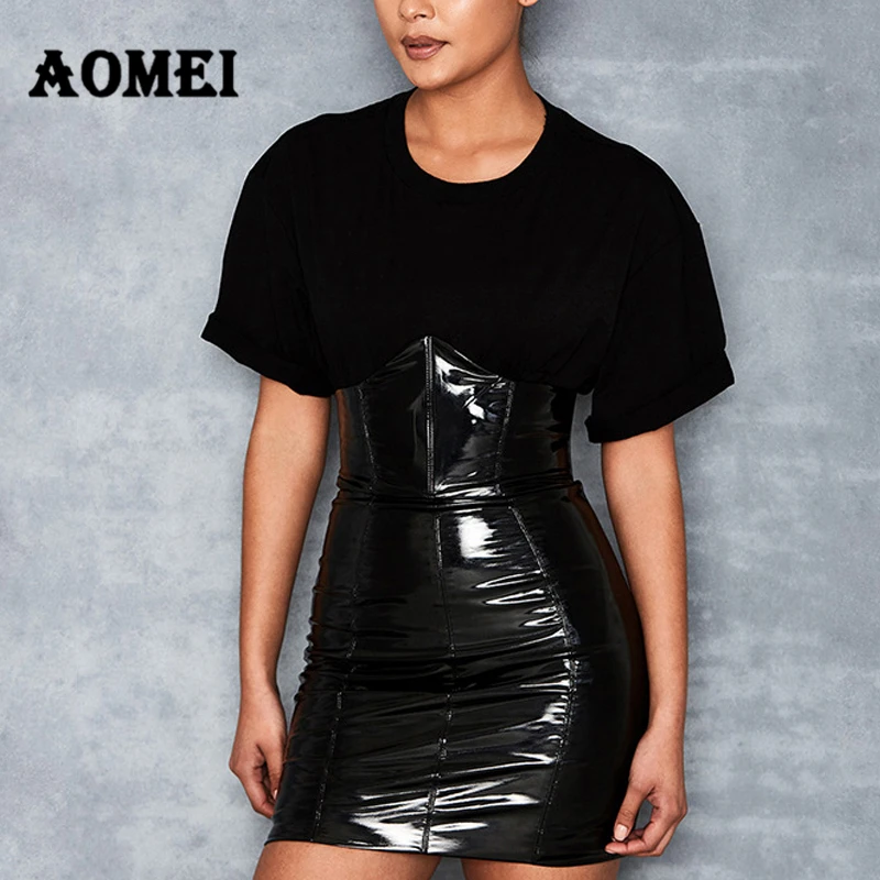 Юбка женская черная сексуальная упаковка бедра Мокрый Вид искусственная кожа