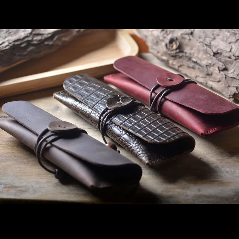 

Handmade genuine leather pencil bag retro stationery cowhide pen case holder school office supplies pens pouch traveler gift