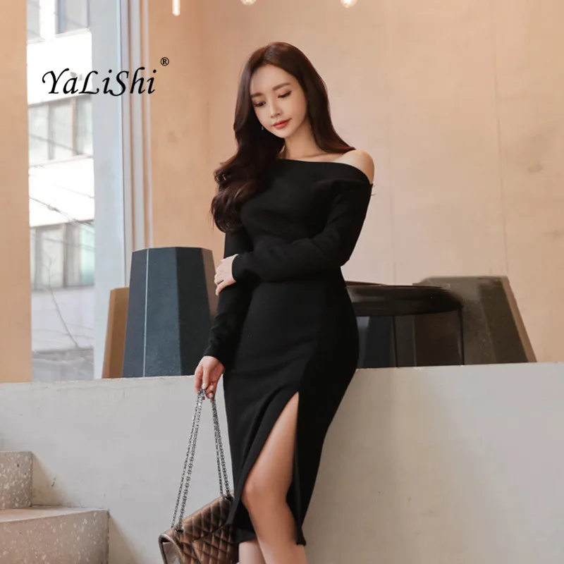 

plus size pencil dress 2018 women autumn black long sleeve slash neck knee-length casual ofice lady dress work dresses vestidos