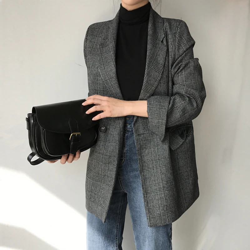 2021 Spring autumn Plaid Blazer Women double breasted Long Sleeve Suit Jacket Female Casual Coat |