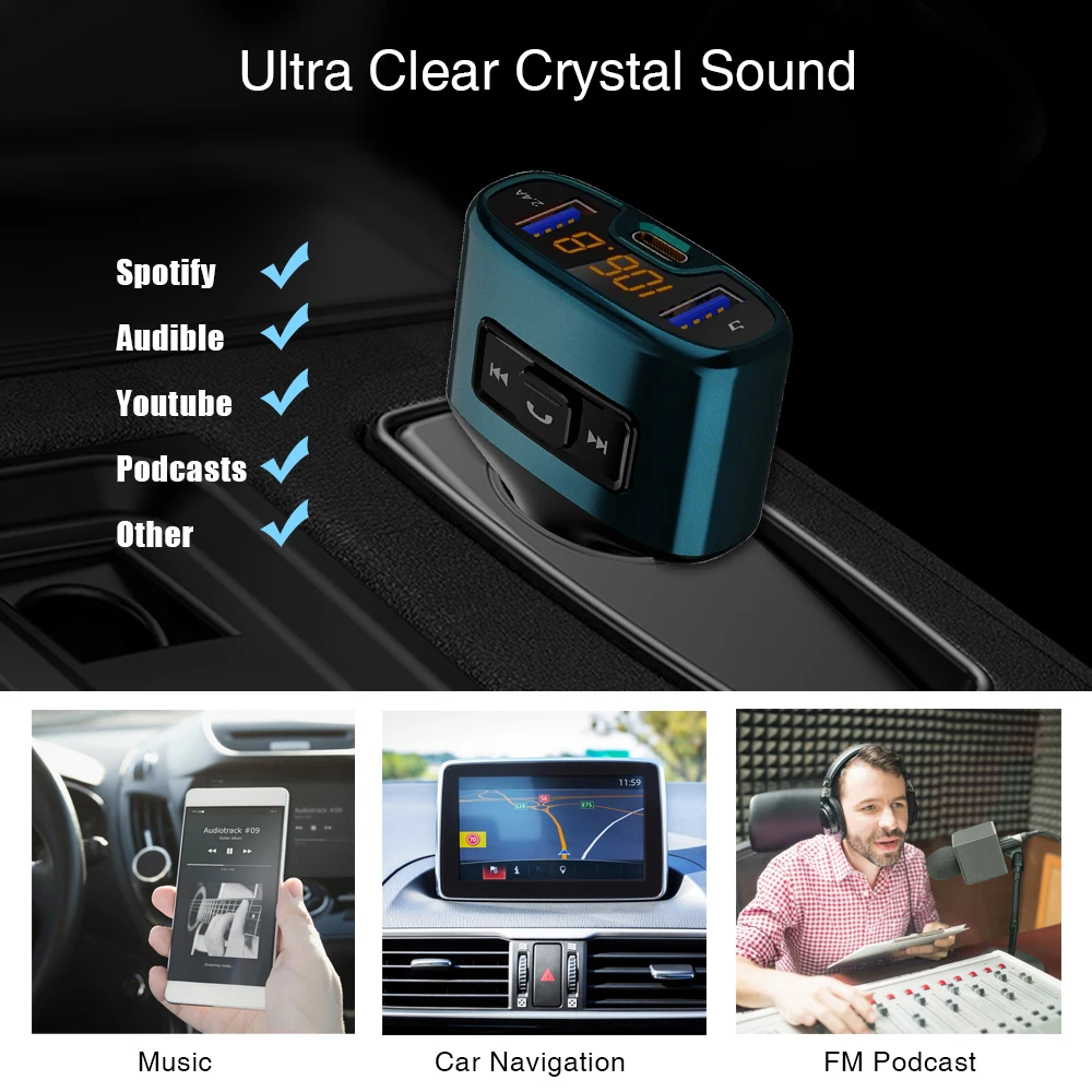 C52S автомобильный беспроводной комплект громкой связи Bluetooth fm-передатчик Автомобильный MP3-плеер тип-c PD 18 Вт Быстрая зарядка Аудио двойной USB Автомобильное зарядное устройство