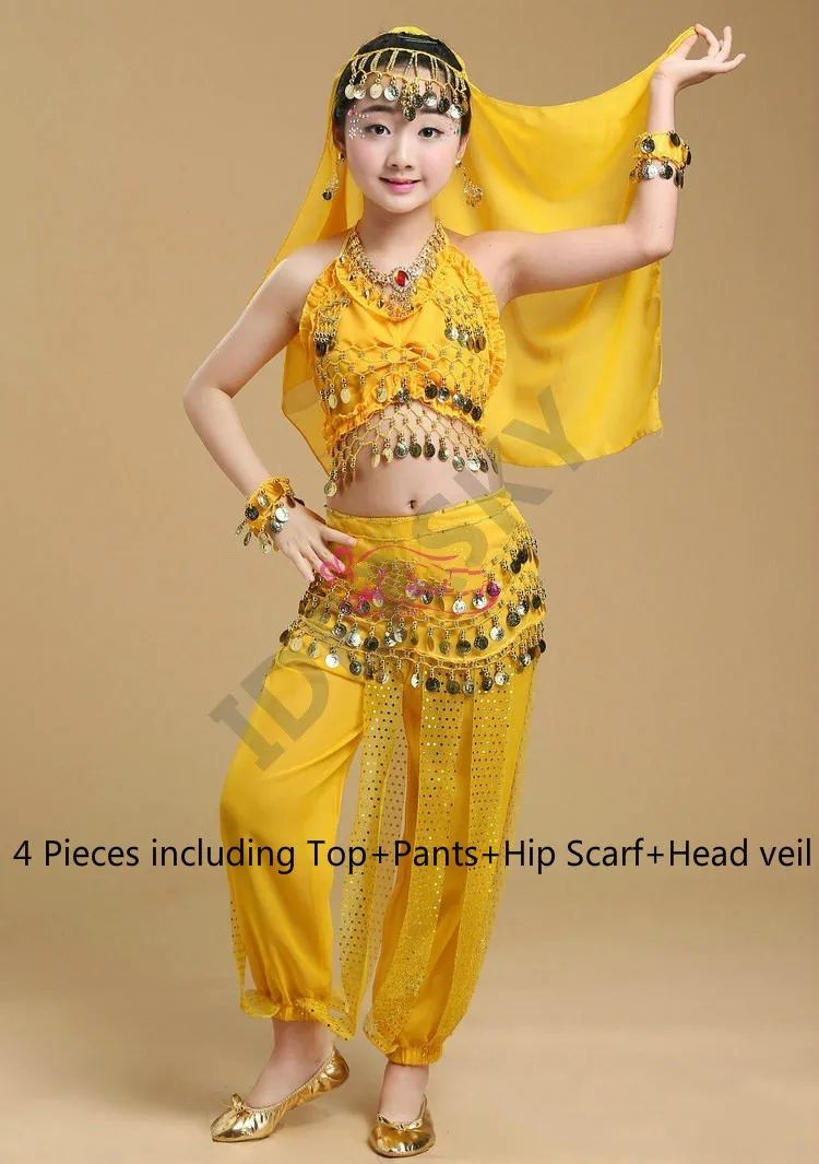 yellow 4pcs Детский набор костюма для танца живота Восточный танец Детские платья Индийский танец живота одежда танец живота дети индийские Взрослые женщины - Цвет: yellow 4pcs