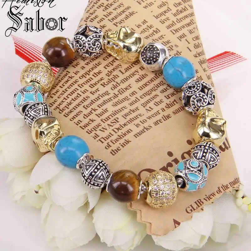 Золотой цвет Череп тигровый глаз искусственный синий камень волна крест бусины