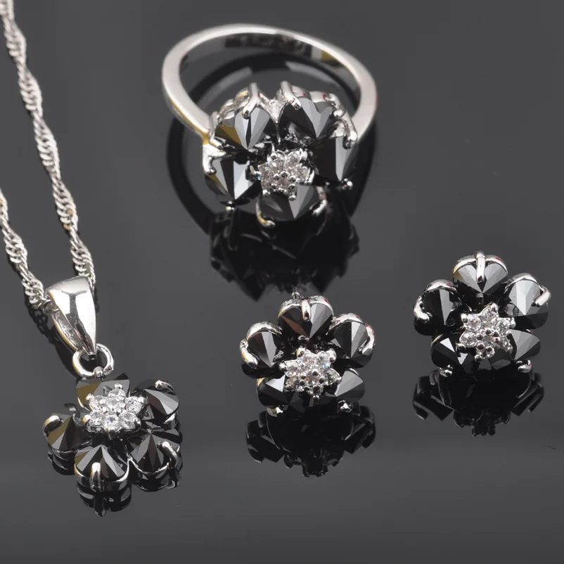 Новинка женский ювелирный набор серебряного цвета с блестящим цветком и черным