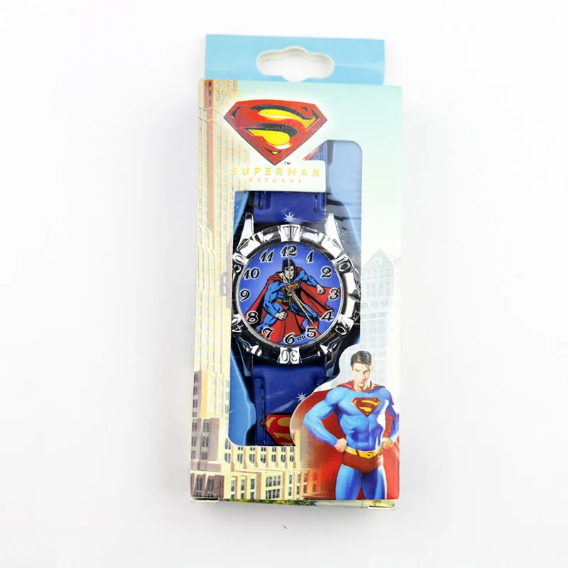 Boy Superman Blue Детские Мультяшные часы с человеком-пауком, Бэтменом, Суперменом, часы для мальчиков, часы принцессы для девочек, кварцевые часы с кожаным ремешком и коробкой - Цвет: Boy Superman Blue