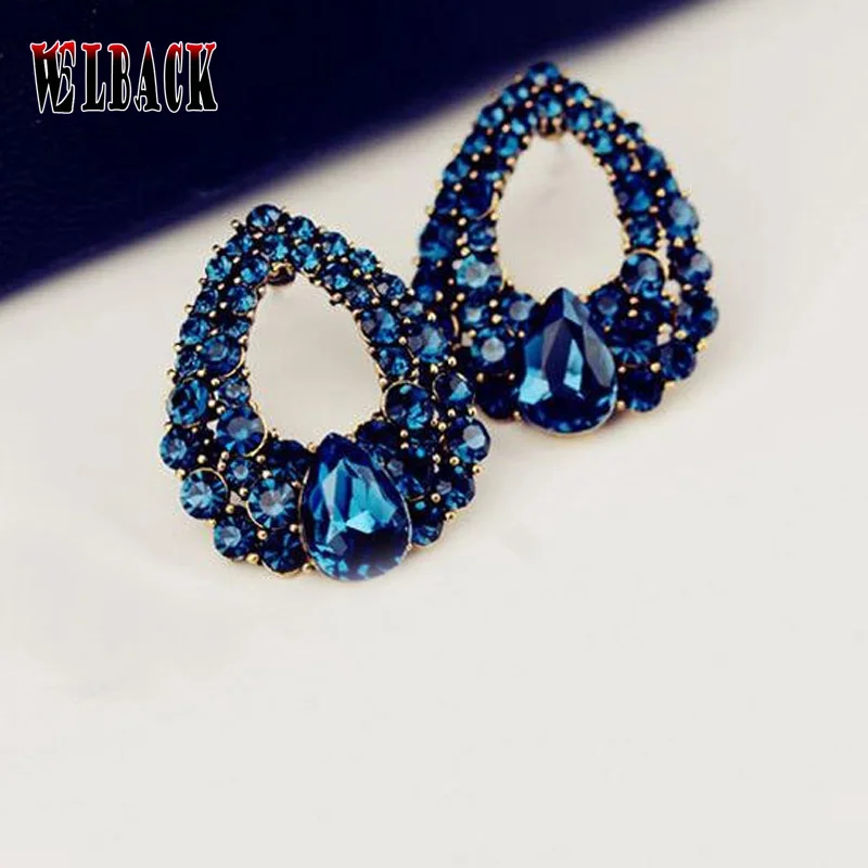 2016 New arrival Celebrity wind waterdrops blue rhinestone fashion boutique crystal stud earrings for woman 9 colors | Украшения и