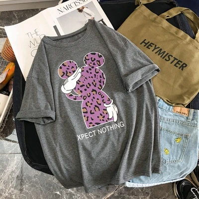 grey Женская футболка, хлопковая футболка, женская футболка, Harajuku, летняя Корейская одежда, винтажные Мультяшные футболки с коротким рукавом, с рисунком Микки - Цвет: grey